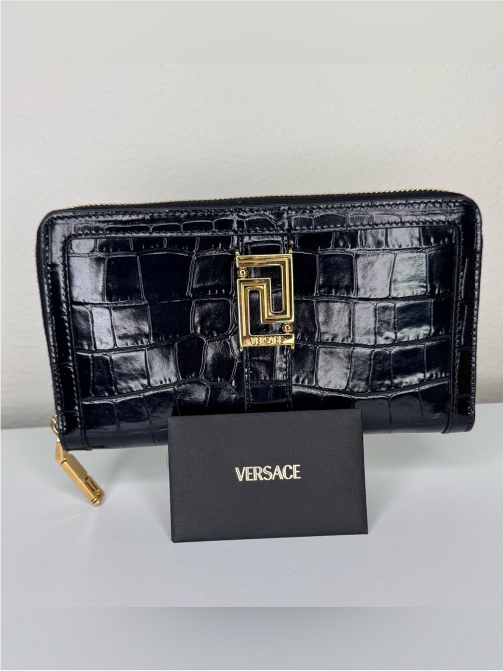 Versace Black Croc-Embossed Zip Wallet with Gold Logo